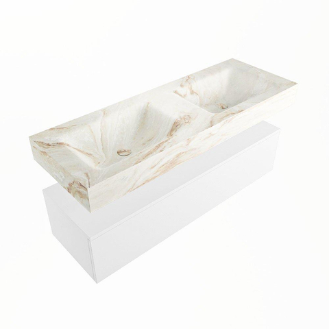 Mondiaz ALAN-DLUX Ensemble de meuble - 130cm - meuble Talc mat - 1 tiroir - Lavabo Cloud Frappe suspendu - vasque Gauche et droite - 2 trous de robinet SW805252
