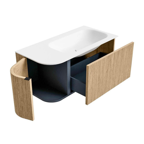 MONDIAZ KURVE Meuble de salle de bains 95 cm avec module 25 L couleur chêne avec 1 tiroir et 1 porte. Lavabo BIG SMALL à droite sans trou de robinet Talc. SW1138140
