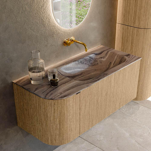 MONDIAZ KURVE-DLUX 105cm badmeubel ronding Links kleur Oak met 1 lade en 1 deur. Wastafel BIG SMALL Rechts zonder kraangat Sombra. SW1433551
