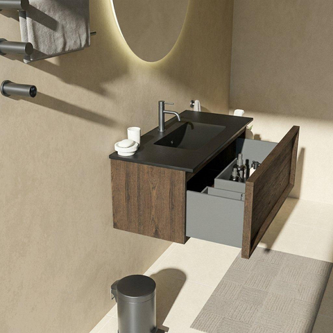 Saniclass Holz Frame Ensemble meuble de salle de bains - 100x45x42cm - Vasque Vygo en céramique noire - 1 vasque - 1 trou de robinet - 1 tiroir - chêne charcoal mat (bois) SW1478977
