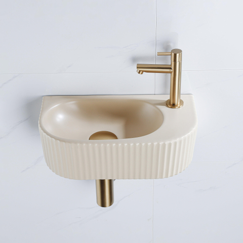 QeramiQ Fuente pack lave-mains – demi-rond – 40 x 21,5 x 12 cm – céramique beige – perçage à droite – cannelé SW1233029