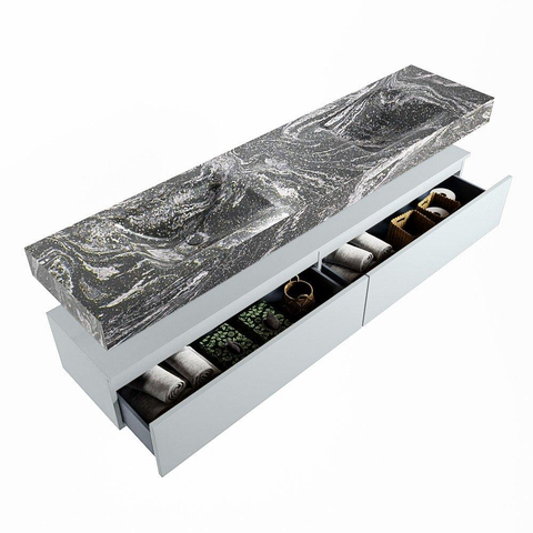 Mondiaz ALAN-DLUX Ensemble de meuble - 200cm - meuble Clay mat - 2 tiroirs - Lavabo Cloud Lava suspendu - vasque Gauche et droite - 0 trous de robinet SW808501