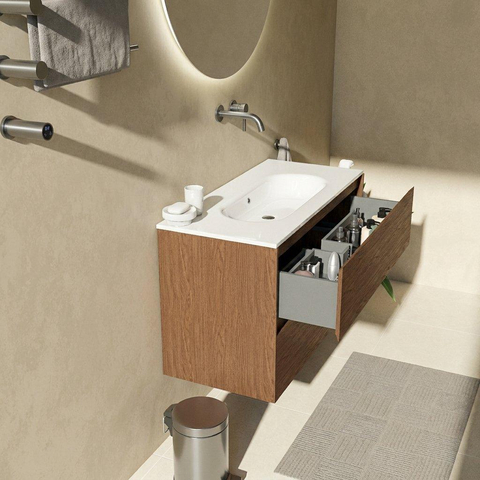 Saniclass Holz Pure Badkamermeubelset - 100x45x73.9cm - Chaci keramische wastafel wit - 1 wasbak - zonder kraangat - 2 lades - mat walnut pure (hout) SW1478812