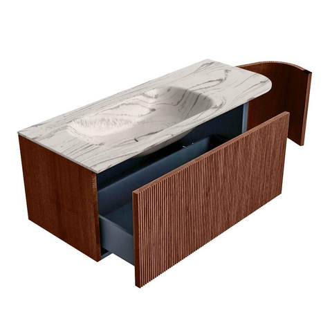MONDIAZ KURVE-DLUX 115cm badmeubel ronding Rechts kleur Ruby met 1 lade en 1 deur. Wastafel BIG SMALL Links 1 kraangat Nata. SW1432544