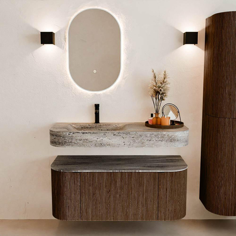 MONDIAZ THOR-DLUX 110cm badmeubel ronding links + rechts kleur Walnut met 1 lade en 2 deuren. Vrijhangende wastafel CLOUD Links 1 kraangat kleur Oza. SW1462984