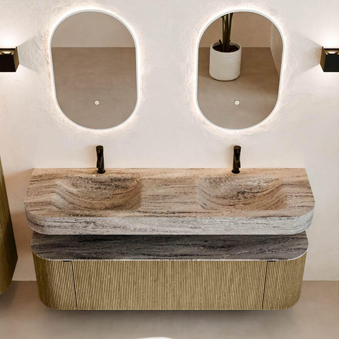 MONDIAZ THOR-DLUX 160cm meuble de salle de bains arrondi gauche + droite couleur Dusk avec 1 tiroir et 2 portes. Vasque suspendue CLOUD Double 2 trous de robinet couleur Oza. SW1465314