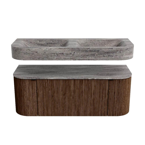 MONDIAZ THOR-DLUX 120cm badmeubel ronding links + rechts kleur Walnut met 1 lade en 2 deuren. Vrijhangende wastafel CLOUD Dubbel zonder kraangat kleur Oza. SW1463429