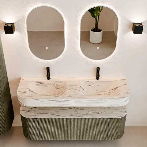 MONDIAZ THOR-DLUX 140cm meuble de salle de bains arrondi gauche + droite couleur Shadow avec 1 tiroir et 2 portes. Vasque suspendue CLOUD Double 2 trous de robinet couleur Nata. SW1464238