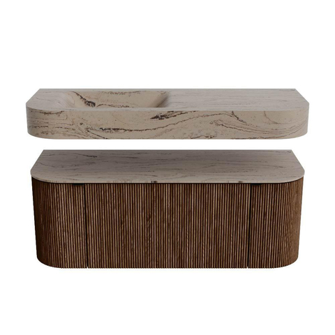 MONDIAZ THOR-DLUX 120cm meuble de salle de bains arrondi gauche + droite couleur Walnut avec 1 tiroir et 2 portes. Vasque suspendue CLOUD gauche 1 trou de robinet couleur Arena. SW1463401