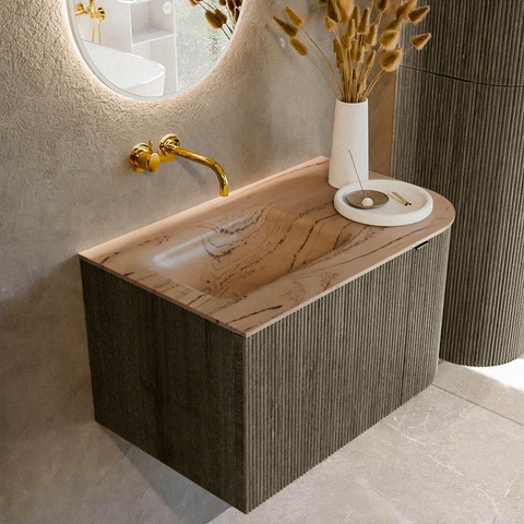 MONDIAZ KURVE-DLUX Meuble de salle de bains 75cm arrondi à droite couleur Shadow avec 1 tiroir et 1 porte. Lavabo GRUNNE à gauche sans trou de robinet Arena. SW1431260