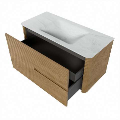 Mondiaz CIRO-DLUX Ensemble de meubles de salle de bains - 100x45x50cm - Plan vasque solid surface Opalo - 1 vasque au milieu - sans trous de robinetterie - 2 tiroirs - Chêne SW1531010