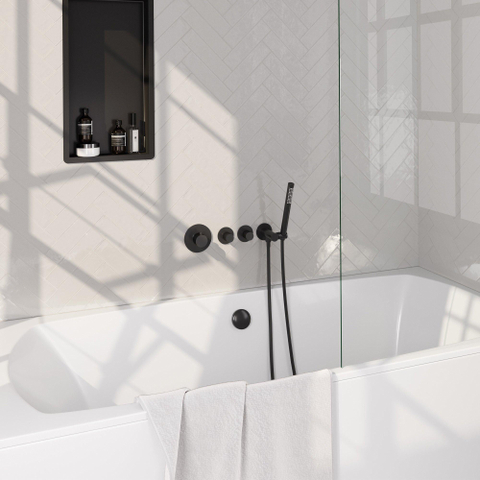 BRAUER Stripe Mitigeur thermostatique de baignoire - SET 01 - encastré - combinaison de remplissage de baignoire - douchette à main barre - flexible de douche - coude mural - noir mat SW1435129