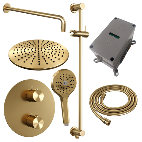 BRAUER Gold Carving douche de pluie encastrée thermostatique - 3 voies - ronde - set 94 - pomme de douche 30cm - bras mural courbé - douchette 3 jets - flexible de douche - barre de douche intégrée - or brossé PVD SW1159033