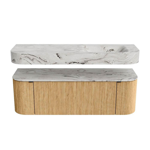 MONDIAZ THOR-DLUX 140cm badmeubel ronding links + rechts kleur Oak met 1 lade en 2 deuren. Vrijhangende wastafel CLOUD Rechts zonder kraangat kleur Glace. SW1463920
