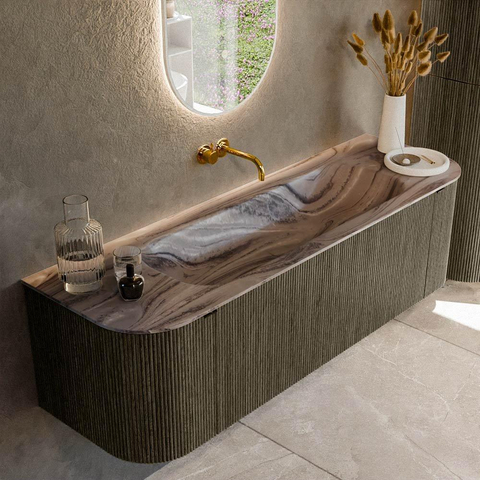 MONDIAZ KURVE-DLUX Meuble de salle de bains 150cm arrondi Gauche + Droite couleur Shadow avec 1 tiroir et 2 portes. Vasque BIG MEDIUM Centrale sans trou de robinet Sombra. SW1433760