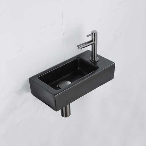 FugaFlow Efficiente Pietra Ensemble de fontaine - 37,5x18,5x9cm - céramique - trou de robinet à droite - robinet de fontaine gunmetal - bouchon de vidange - siphon abaissé - Noir mat SW1442209