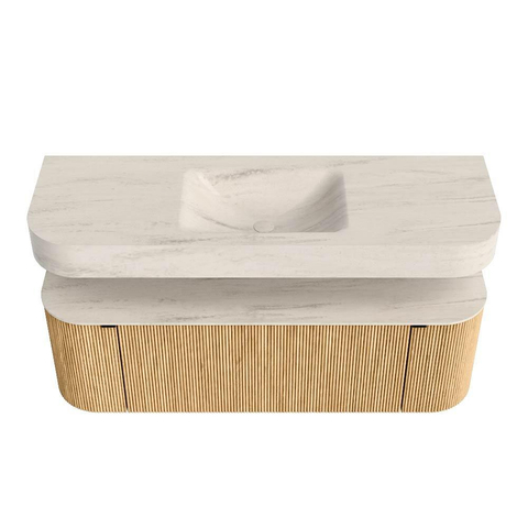 MONDIAZ THOR-DLUX Meuble de salle de bains 140cm arrondi gauche + droite couleur Oak avec 1 tiroir et 2 portes. Vasque suspendue CLOUD Milieu 1 trou de robinet couleur Meli. SW1464371