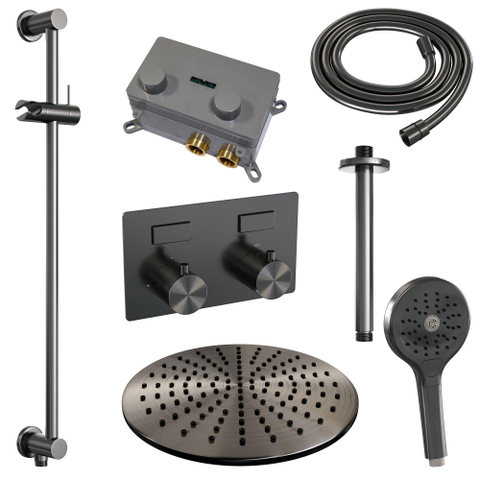 BRAUER gunmetal Edition Thermostatische Regendouche inbouw - drukknoppen - SET 72 - 30cm hoofddouche - plafondarm - 3 standen handdouche - doucheslang - geïntegreerde glijstang - gunmetal geborsteld PVD SW925733