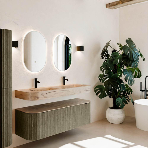 MONDIAZ THOR-DLUX 140cm meuble de salle de bains arrondi gauche + droite couleur Shadow avec 1 tiroir et 2 portes. Vasque suspendue CLOUD Double 2 trous de robinet couleur Arena. SW1464396
