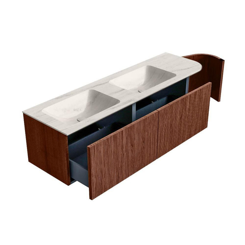 MONDIAZ KURVE-DLUX 155cm meuble de salle de bains arrondi Droit couleur Ruby avec 2 tiroirs et 1 porte. Lavabo LEAF Double / Gauche 2 trous de robinet Meli. SW1432006