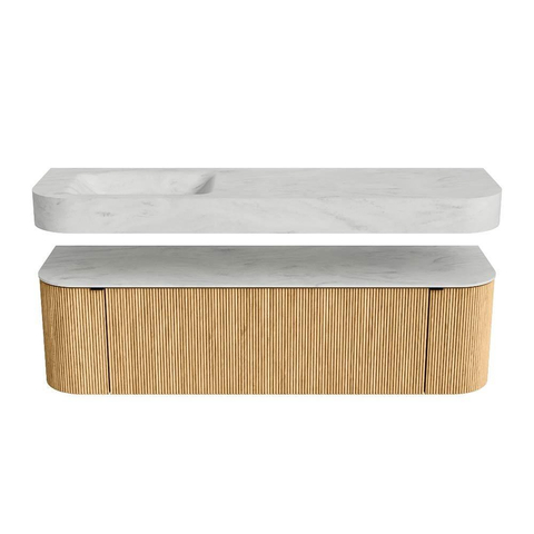 MONDIAZ THOR-DLUX 160cm badmeubel ronding links + rechts kleur Oak met 1 lade en 2 deuren. Vrijhangende wastafel CLOUD Links zonder kraangat kleur Opalo. SW1464967