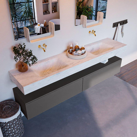 Mondiaz ALAN-DLUX Ensemble de meuble - 200cm - meuble Dark grey mat - 2 tiroirs - Lavabo Cloud Opalo suspendu - vasque Gauche et droite - 0 trous de robinet SW806429