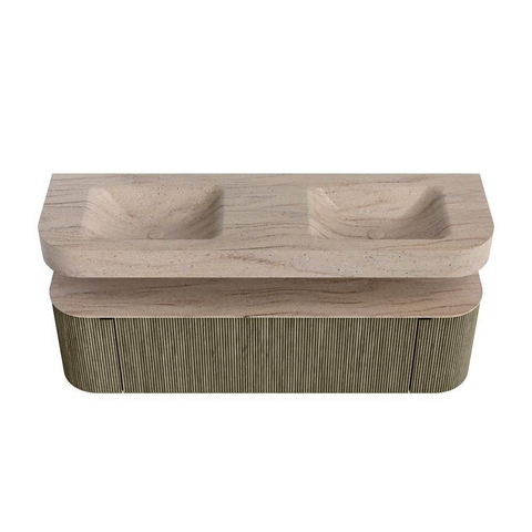MONDIAZ THOR-DLUX 160cm meuble de salle de bains arrondi gauche + droite couleur Shadow avec 1 tiroir et 2 portes. Vasque suspendue CLOUD Double sans trou de robinet couleur Saba. SW1465359
