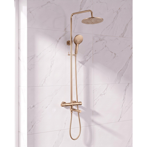 Fortifura Calvi Regendoucheset - thermostatisch - 25cm hoofddouche - gladde slang - ronde handdouche - draaibare baduitloop - Geborsteld Messing PVD (Goud) SW1592512