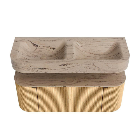 MONDIAZ THOR-DLUX 120cm badmeubel ronding links + rechts kleur Oak met 1 lade en 2 deuren. Vrijhangende wastafel CLOUD Dubbel 2 kraangaten kleur Arena. SW1463423