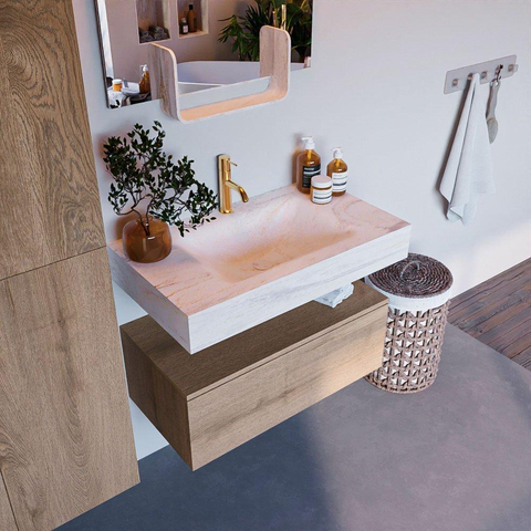 Mondiaz ALAN-DLUX Ensemble de meuble - 80cm - meuble Washed Oak mat - 1 tiroir - Lavabo Cloud Ostra suspendu - vasque Centre - 1 trou de robinet SW808929