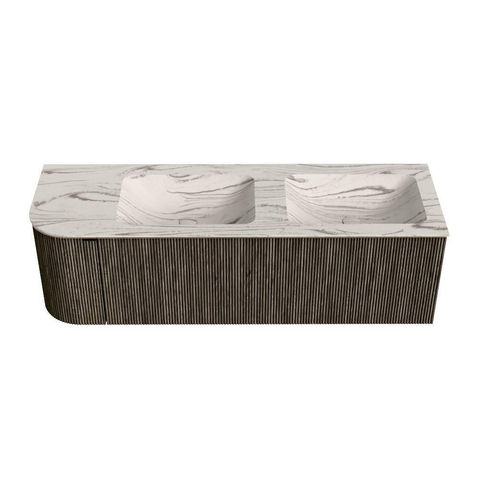 MONDIAZ KURVE-DLUX 145cm meuble de salle de bains arrondi à gauche couleur Shadow avec 1 tiroir et 1 porte. Lavabo LEAF Double / droite sans trou de robinet Nata. SW1432313