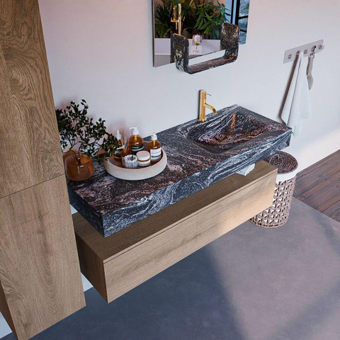 Mondiaz ALAN-DLUX Ensemble de meuble - 130cm - meuble Washed Oak mat - 1 tiroir - Lavabo Cloud Lava suspendu - vasque Droite - 1 trou de robinet SW808834