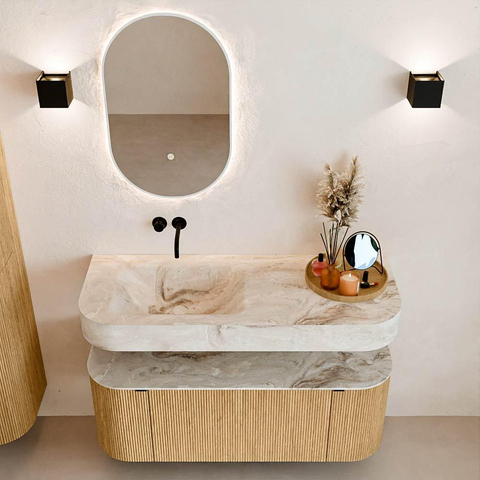 MONDIAZ THOR-DLUX 120cm meuble de salle de bains arrondi gauche + droite couleur Oak avec 1 tiroir et 2 portes. Vasque suspendue CLOUD Gauche sans trou de robinet couleur Frappe. SW1463065