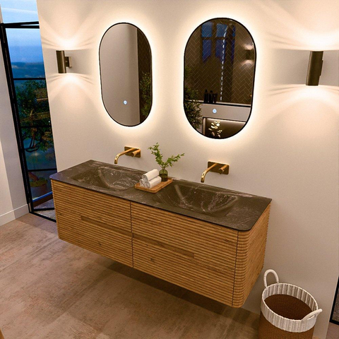 Mondiaz CIRO-DLUX Badkamermeubelset - 150x45x50cm - Solid surface wastafel Lava - 2 wasbak Dubbel - zonder kraangaten - 4 lades - Oak SW1530988