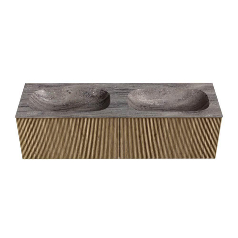 MONDIAZ KURVE-DLUX meuble de salle de bains 150 cm couleur Dusk avec 2 tiroirs et 0 porte. Lavabo STOR SMALL double 2 trous de robinet Oza. SW1432742