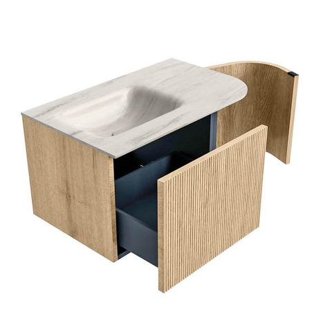 MONDIAZ KURVE-DLUX 75cm meuble de salle de bains arrondi droit couleur chêne avec 1 tiroir et 1 porte. Lavabo GRUNNE gauche 1 trou de robinet Meli. SW1431592