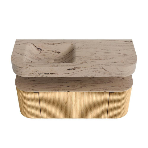 MONDIAZ THOR-DLUX 120cm badmeubel ronding links + rechts kleur Oak met 1 lade en 2 deuren. Vrijhangende wastafel CLOUD Links zonder kraangat kleur Arena. SW1463411