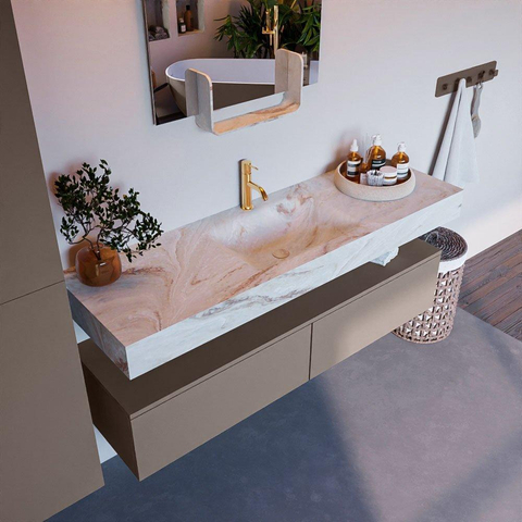Mondiaz ALAN-DLUX Ensemble de meuble - 150cm - meuble Smoke mat - 2 tiroirs - Lavabo Cloud Frappe suspendu - vasque Centre - 1 trou de robinet SW805142