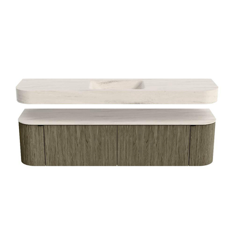 MONDIAZ THOR-DLUX 180cm meuble de salle de bains arrondi gauche + droite couleur Shadow avec 2 tiroirs et 2 portes. Vasque suspendue CLOUD Milieu sans trou de robinet couleur Meli. SW1466200