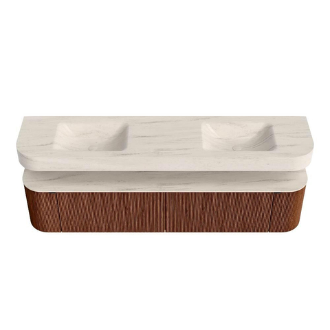 MONDIAZ THOR-DLUX 200cm meuble de salle de bains arrondi gauche + droite couleur Ruby avec 2 tiroirs et 2 portes. Vasque suspendue CLOUD Double 2 trous de robinet couleur Meli. SW1467139