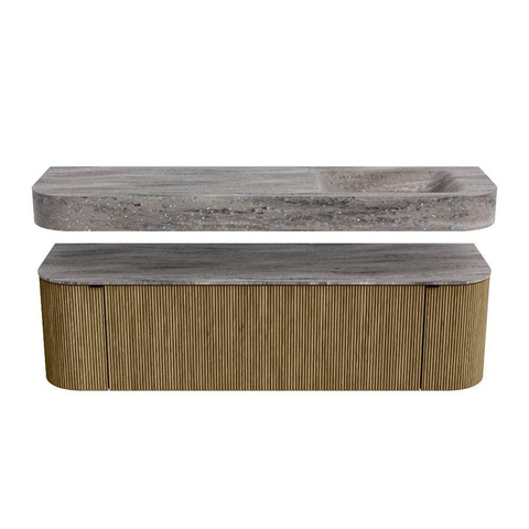 MONDIAZ THOR-DLUX 160cm meuble de salle de bains arrondi gauche + droite couleur Dusk avec 1 tiroir et 2 portes. Vasque suspendue CLOUD Droite sans trou de robinet couleur Oza. SW1465347