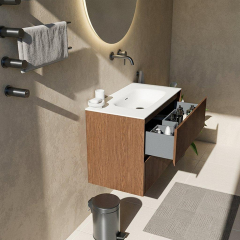 Saniclass Holz Atelier Badkamermeubelset - 80x45x61.5cm - Flow solid surface wastafel wit - 1 wasbak - zonder kraangat - 2 lades - mat walnut pure (hout) SW1478379