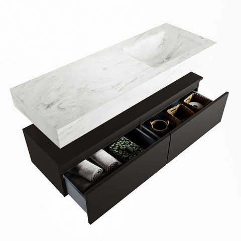 Mondiaz ALAN-DLUX Ensemble de meuble - 130cm - meuble Urban mat - 2 tiroirs - Lavabo Cloud Opalo suspendu - vasque Droite - 0 trous de robinet SW806311