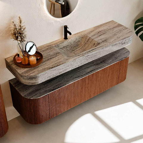 MONDIAZ THOR-DLUX 160cm meuble de salle de bains arrondi gauche + droite couleur Ruby avec 1 tiroir et 2 portes. Vasque suspendue CLOUD Milieu 1 trou de robinet couleur Oza. SW1465305