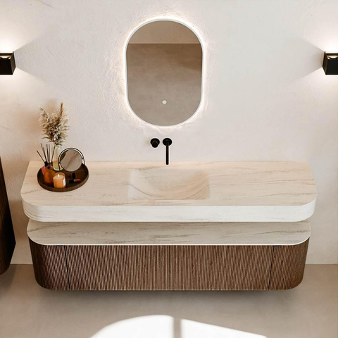 MONDIAZ THOR-DLUX 180cm meuble de salle de bains arrondi gauche + droite couleur Walnut avec 2 tiroirs et 2 portes. Vasque suspendue CLOUD Milieu sans trou de robinet couleur Meli. SW1466147