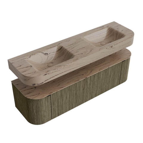 MONDIAZ THOR-DLUX 160cm meuble de salle de bains arrondi gauche + droite couleur Shadow avec 1 tiroir et 2 portes. Vasque suspendue CLOUD Double sans trou de robinet couleur Arena. SW1465135