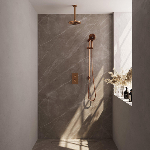 Ensemble de douche pluie encastré Brauer Copper Carving - douche principale 20cm - bras plafond 20cm - 2 fonctions - glijstang - incluant partie encastrable - douchette ronde 3 positions - PVD - cuivre brossé SW715763