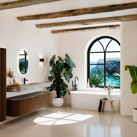 MONDIAZ THOR-DLUX 180cm badmeubel ronding links + rechts kleur Walnut met 2 lades en 2 deuren. Vrijhangende wastafel CLOUD Midden 1 kraangat kleur Oza. SW1466289