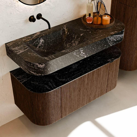 MONDIAZ THOR-DLUX 110cm badmeubel ronding links + rechts kleur Walnut met 1 lade en 2 deuren. Vrijhangende wastafel CLOUD Links zonder kraangat kleur Lava. SW1462767