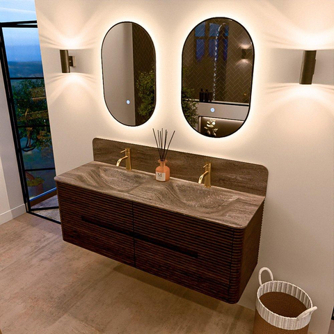 Mondiaz CIRO-DLUX Badkamermeubelset - 140x45x50cm - Solid surface wastafel Oza - 2 wasbak Dubbel - 2 kraangaten - 4 lades - Walnut SW1530635